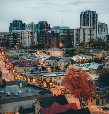 Aerial image looking down Richmond Street in London, Ontario.