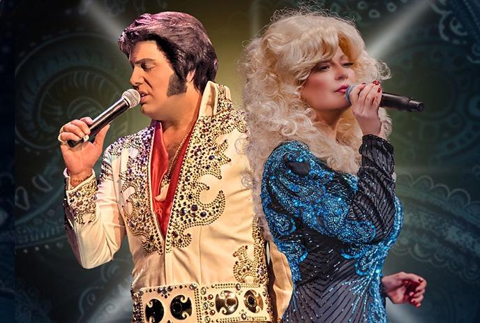 Two people on stage singing; one dressed as Elvis and one dressed as Dolly Parton.