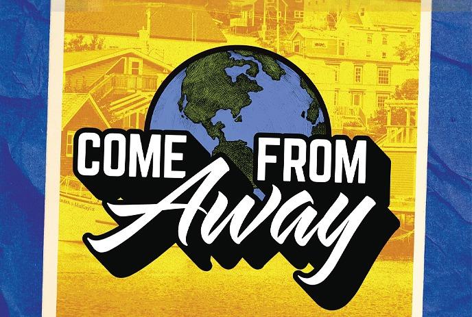 Background shows Newfoundland houses. A super-imposed globe with the words