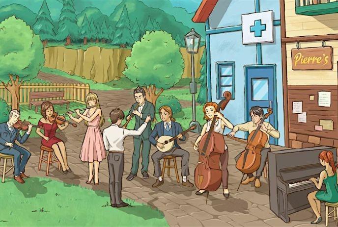 A group of musicians plays various instruments outside Pierre's shop in a lush, cartoon-style garden.