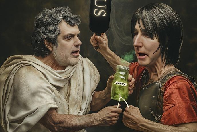 Kenny and Spenny, one with a black goat and one with a white goat, in an outside setting.