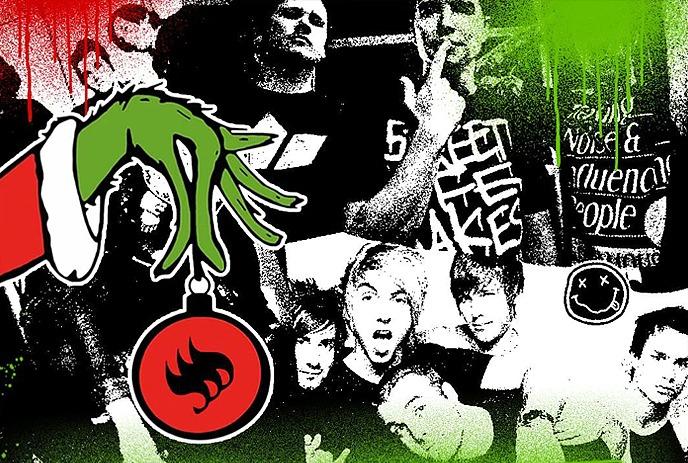 A microphone stands enveloped in swirling purple and blue smoke on a dimly lit stage.