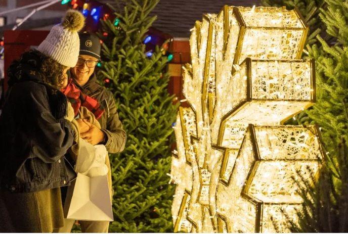 Two people stand near glowing holiday display, surrounded by lit pine trees in festive setting.