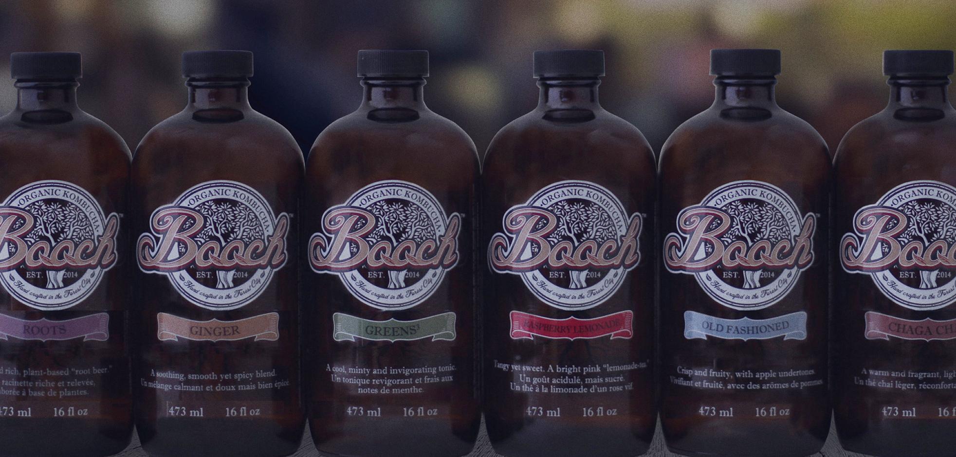 Six bottles of kombucha lined in a row.