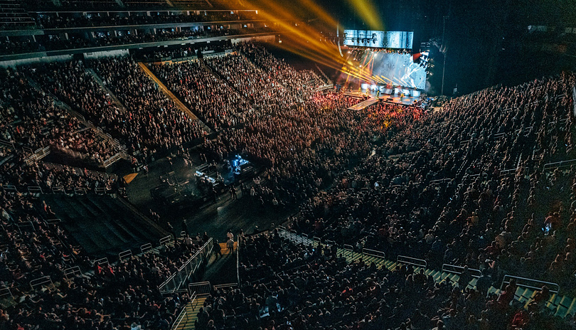 An aerial view inside Canada Life Place during a packed concert