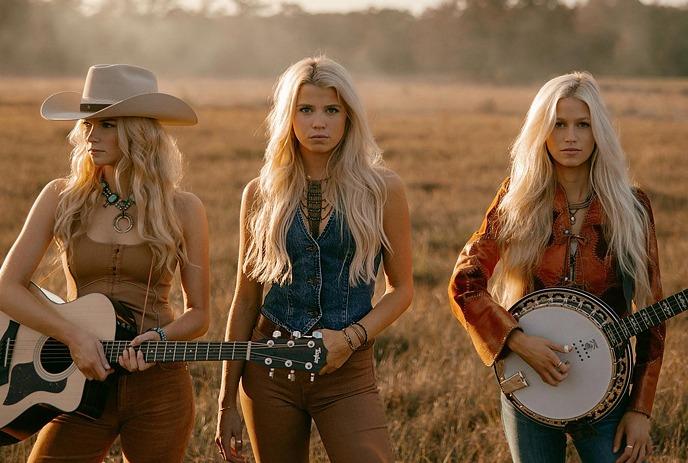 The Castellows in a field, posing for the camera with their instruments during a sunset.