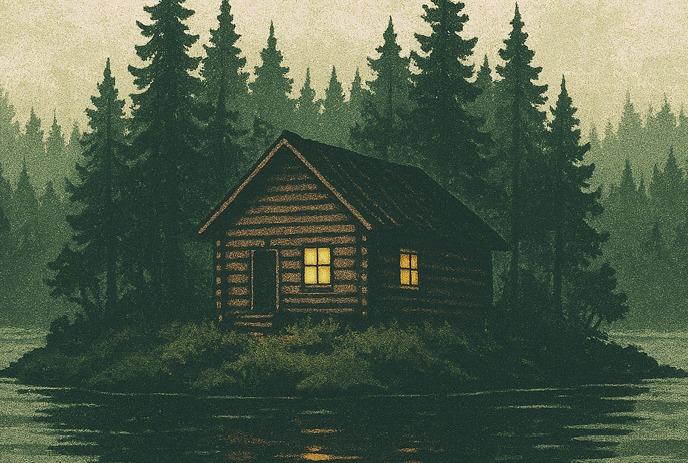 Brown cabin on a small island surrounded by water and trees.