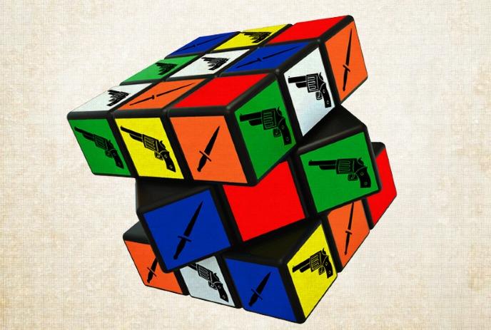 A colorful Rubik's cube with black gun and knife symbols on each square.