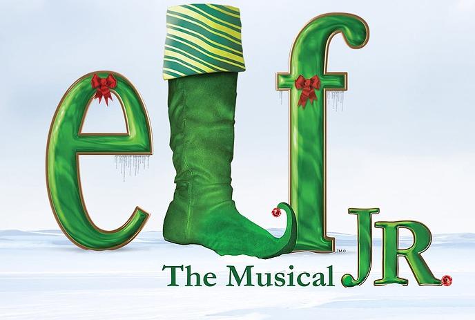 The word Elf in green with red bows and the letter L in the shape of an elf stocking.