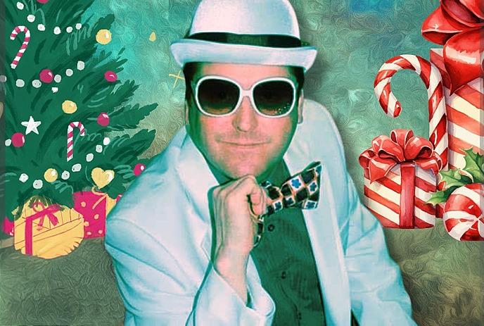 Caricature of Elton John wearing a white suit with a hat and glasses, in front of a Christmas tree and gifts.