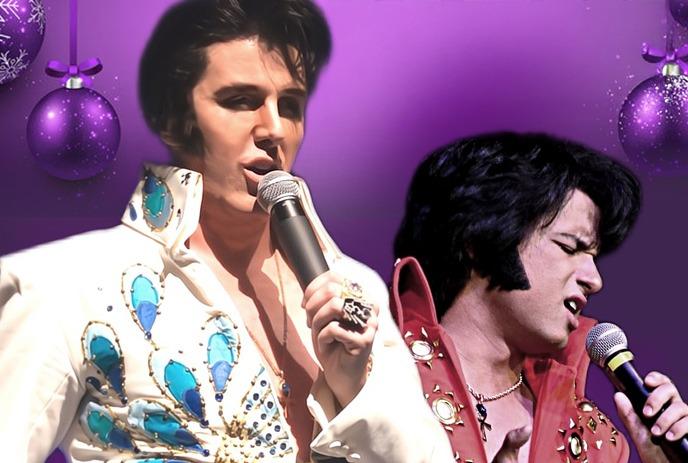 Two Elvis impersonators with microphones, posing in front of a purple Christmas background.
