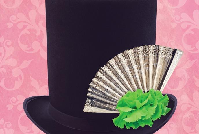 A black top hat sits with a white lace fan and a green carnation resting on it.