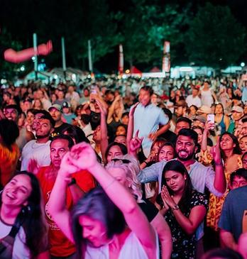 Lively crowd dancing outdoors under the moonlight and strobe lights