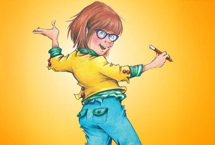 Junie B. Jones wearing purple glasses writing words on a board.