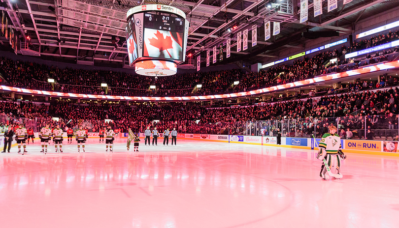 The London Knights hockey team standing for the national anthem before the start of a game with a packed crowd in attendance at the Canada Life Place in London, Ontario, Canada