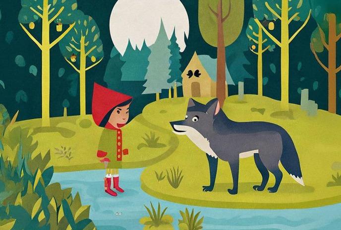 Cartoon red-hooded girl meets friendly wolf in moonlit forest; colored papers float near house and trees.