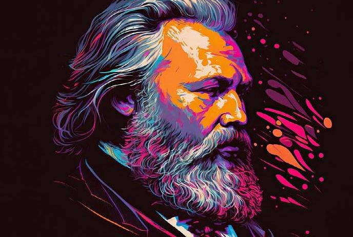 Colorful neon-style portrait of a bearded man with long hair, set against a dark background with two squares.