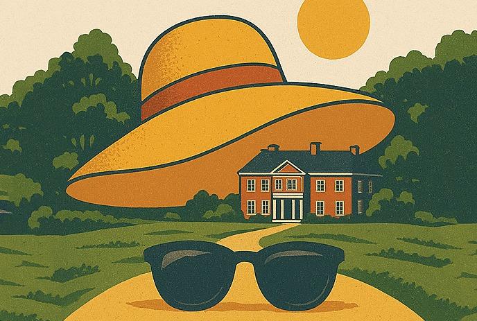 A large beach hat super imposed over a house with a pair of sunglasses on the road in front.
