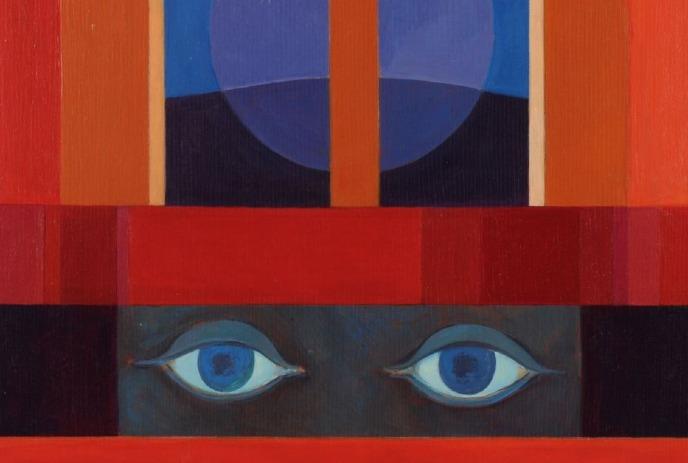 An abstract artwork with blue eyes peering through bold red and orange geometric shapes.