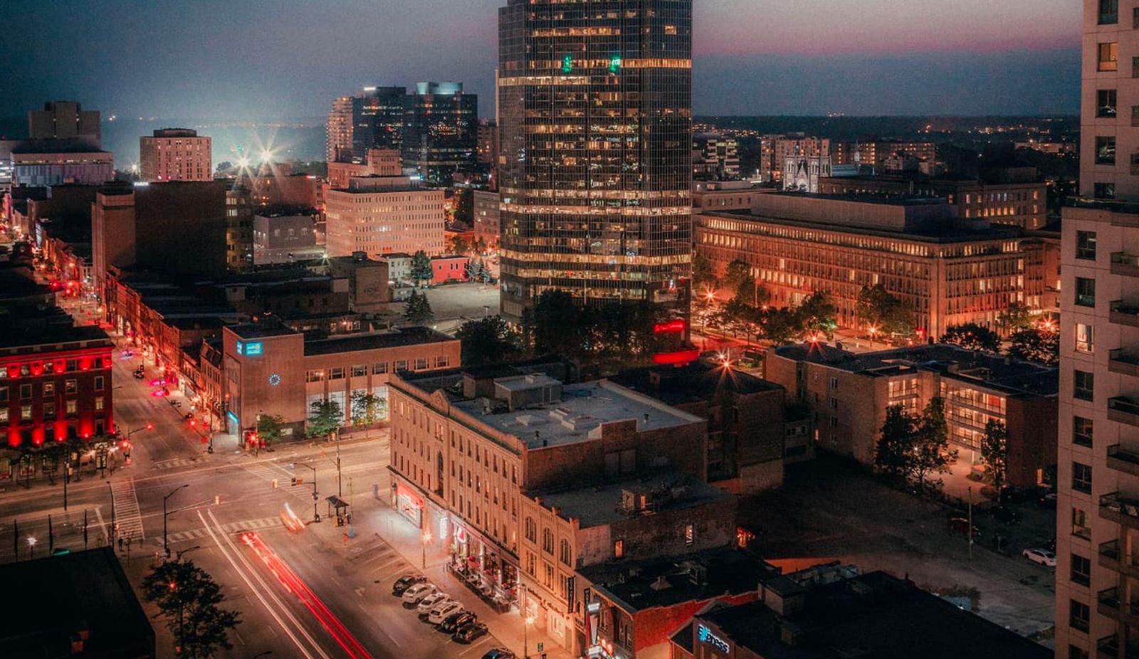 aerial photo at dusk in downtown london