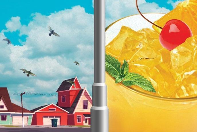 Super-imposed image of a Mai Tai drink with a house and birds flying over it in the background.