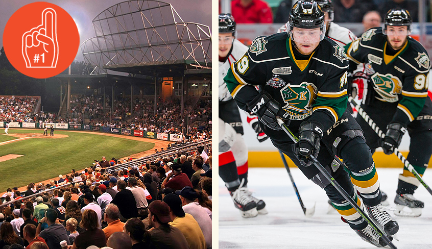 A fully attended baseball game of the London Majors at Labatt Memorial Park and hockey players skating on ice from the London Knights team at Canada Life Place - both locations are located in London, Ontario, Canada. 