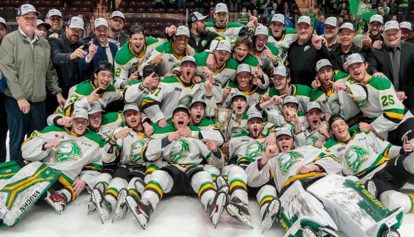 A large crowd of people watching a hockey game from the London Knights live at Canada Life Place located in London, Ontario