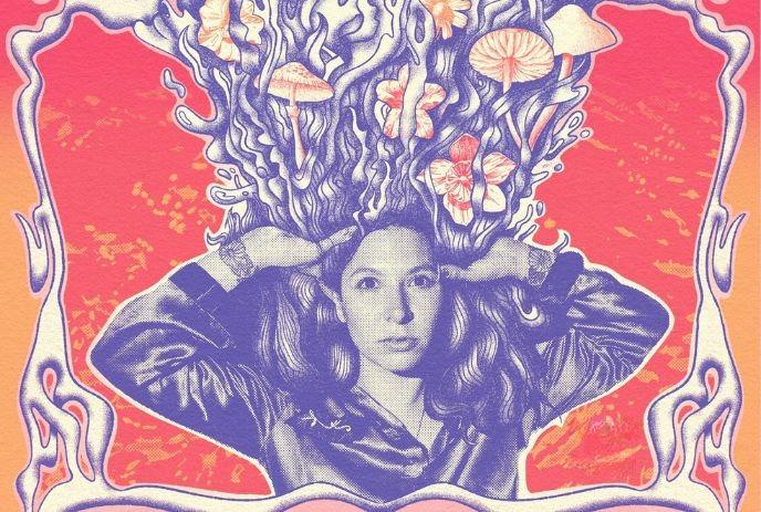 Woman’s hair morphs into vivid mushrooms and vines under a colourful background.