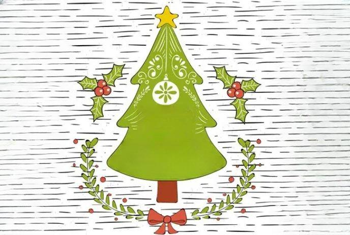 Stylized green Christmas tree with white patterns, yellow star, holly, red berries, bow, and striped backdrop.