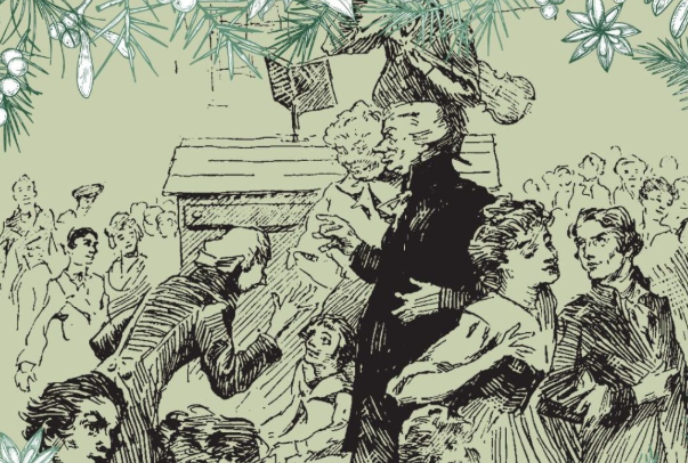 Caricature of people living in the past celebrating the holidays.