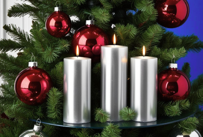 Christmas tree with shiny red baubles and three lit silver candles on glass, glowing warmly against blue backdrop.