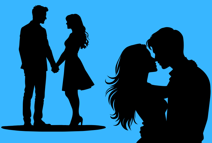 Two silhouetted couples, one holding hands and the other embracing, are depicted against a solid blue background.