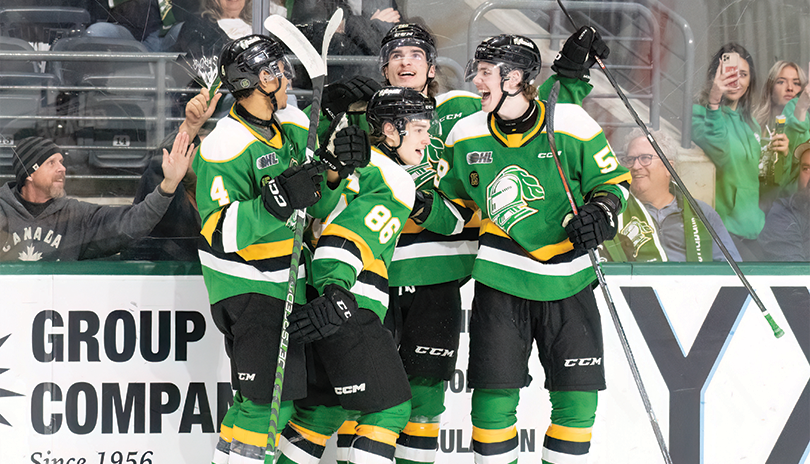 London Knights players celebrate a goal at Canada Life Place