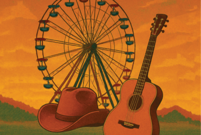 A ferris wheel behind a cowboy hat and a guitar.