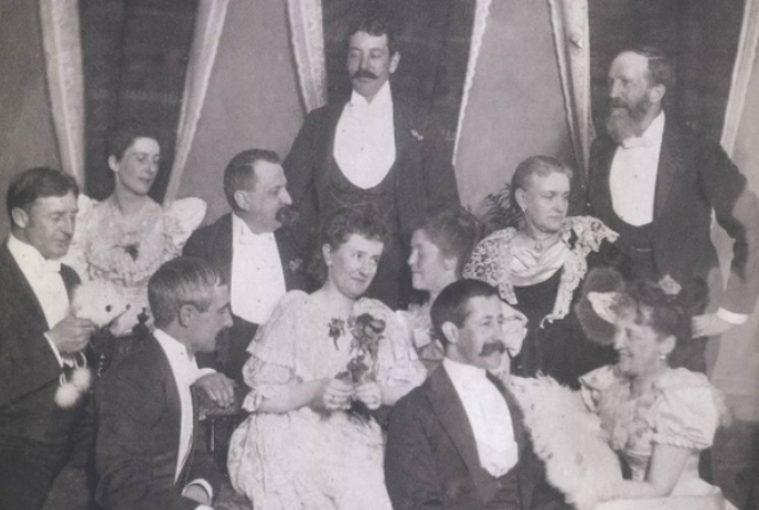 Black and white image of the Harris family celebrating New Year's Day.