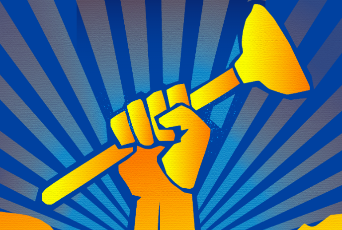 A raised orange fist holds a yellow plunger against a vibrant blue radial background.